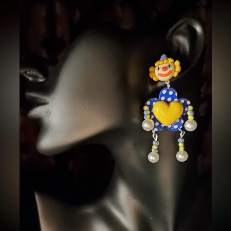 Colorful Yellow Hearts Blue White Polka Dots Clown Silver Earrings